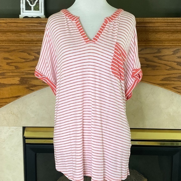 Liz Sport V-Neck Short Sleeve Striped Top‎ Sz. XL - Picture 1 of 10